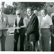 Group pictured in line waiting for breakfast at the Diamond Jubilee Breakfast.  L-R: Bob Arth, former Councilman and Mayor; Mary Fran Anderegg; Congressman John Rousselot; Mrs. Robert Considine; Robert Considine.  Others are not identified.