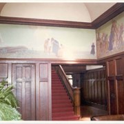 Portion of Maynard Dixon Indian murals in Anoakia Indian Hall.  Painted about 1913.  Stairs lead to second floor.  Note: inscription back of photo done by Eunice Easley, secretary to Lowry McCaslin.