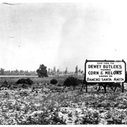 View across land near Colorado and Colorado Place looking southeast.  Has large billboard reading: 500 yards to Dewey Butler's famous corn and melons grown on Rancho Santa Anita.