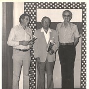 Andy Griffith, movie & television personality on left. William Parker Lyon, Jr. center and unidentified person on right.  Apparently this was taken at the time Harrah's in Reno, Nevada auctioned off items that formerly had been in Arcadia at Pony Express Museum and had been sold to Harrah's some years earlier.