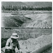 Top photo shows earth moved and contoured for golf course at Santa Anita Recreational Center (later to be renamed Arcadia County Park).  Chantry Flats road can be seen on background on mountains. Lower photo shows workman welding large pipes for the watering system at the park.