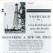 Photo of front cover of Vosburgh Oil Corporation promotional brochure for an oil drilling operation which was entered into with high hopes.  Oil was not found. (see Vertical file for copy of entire brochure in Arcadia-Business and industry.)
