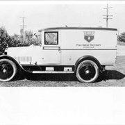 Closeup of shiny truck bearing name: Pike-Krenz Hatchery, Arcadia, Calif. Ranch was located at 641 West Lemon, Arcadia.