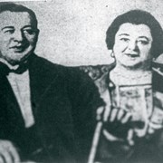 Mrs. Clara Baldwin Stocker and W.T. McGinley, her business manager, pictured probably about 1890.  Article this was copied from related to son of Clara, Albert E. Snyder and daughter, Rosebudd Mullender, accusing McGinley in September of 1929, of getting thousands of dollars in gifts and property from their mother through fraud.
