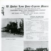 Photo of a single sheet on the Parker Lyon Pony Express Museum that gives names of officers and directors.  There are also two photos of Museum on sheet.